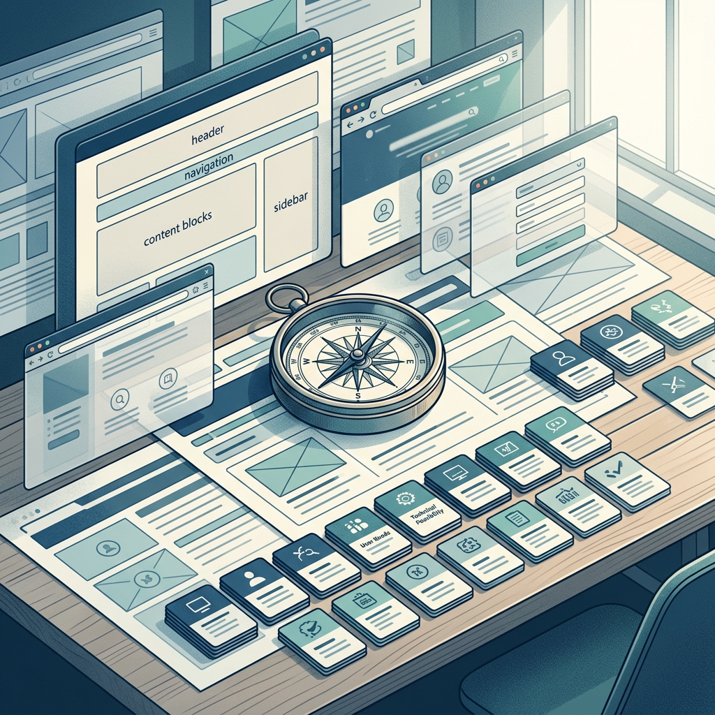 Compass surrounded by website wireframes and content cards