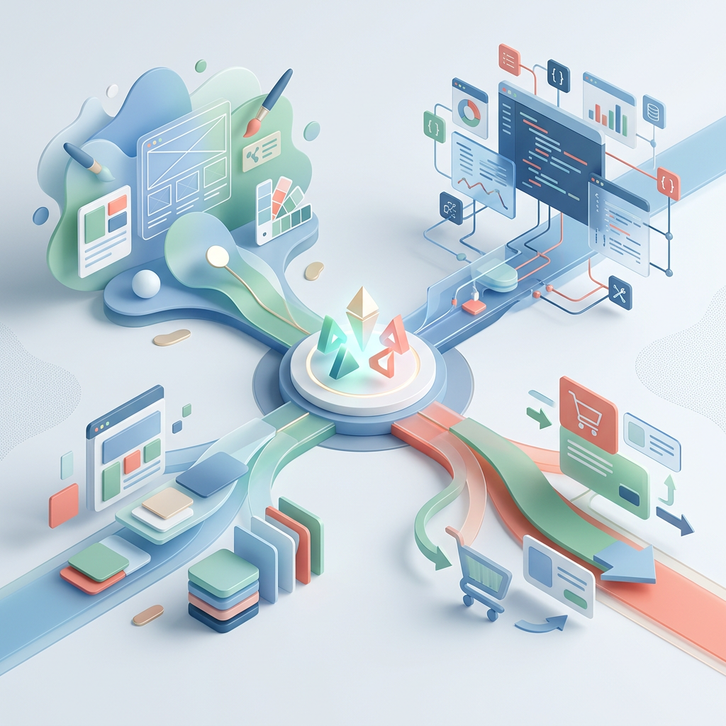 Illustration of connected design, coding, analytics, and commerce workflows