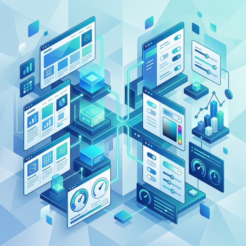 Interconnected digital dashboards, charts, controls, and performance gauges