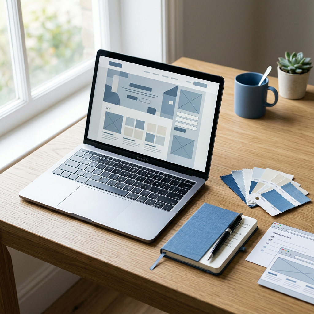 Laptop displaying a website wireframe beside design samples and notebook