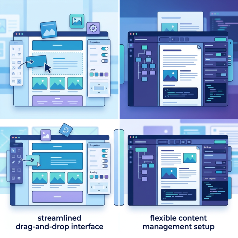 Four interface mockups labeled “streamlined drag-and-drop interface” and “flexible content management setup.”