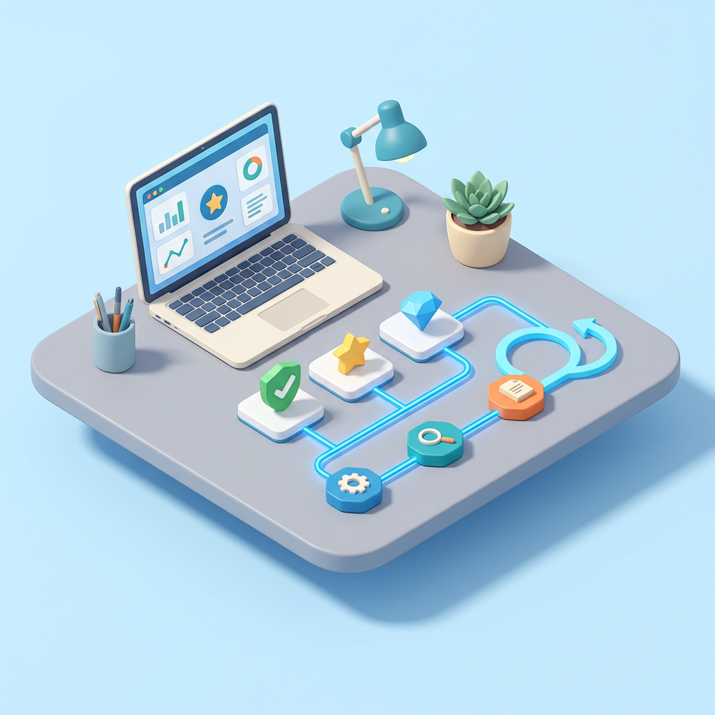 Laptop and connected workflow icons arranged on a modern desk