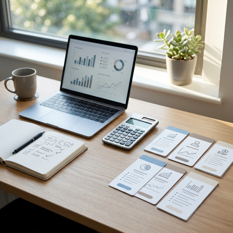 Laptop displaying charts beside calculator, notebook, and analytics cards