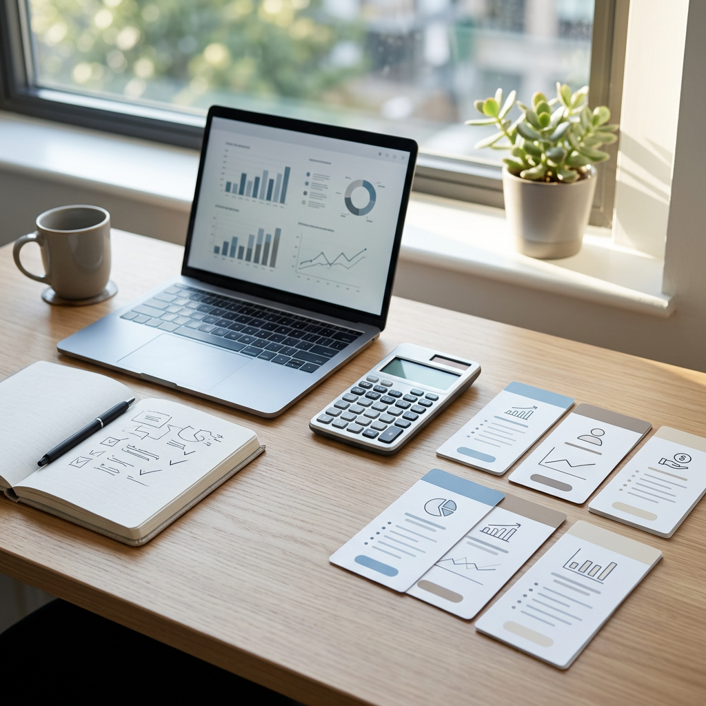 Laptop displaying charts beside calculator, notebook, and analytics cards